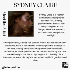May include: A portrait of Sydney Claire, a fashion and editorial photographer based in NYC. The image is a close-up of her face with her hair blowing in the wind. The text "Meet the Artist" is on the left side of the image.