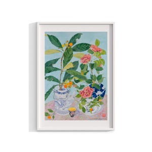 Chinoiserie Art Print , Watercolor Painting Wall Art , Flowers Still Life , Fruit Plant Wall Decor , Chinese Ceramics 12x16 18x24 24x32