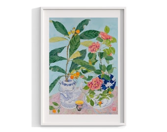 Chinoiserie Art Print , Watercolor Painting Wall Art , Flowers Still Life , Fruit Plant Wall Decor , Chinese Ceramics 12x16 18x24 24x32