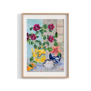 Chinoiserie Watercolour Framed Print,  Painting Wall Art  , Flowers Still Life, Pasifika Plant Wall Decor , Botanical Art 12x16 18x24 24x32