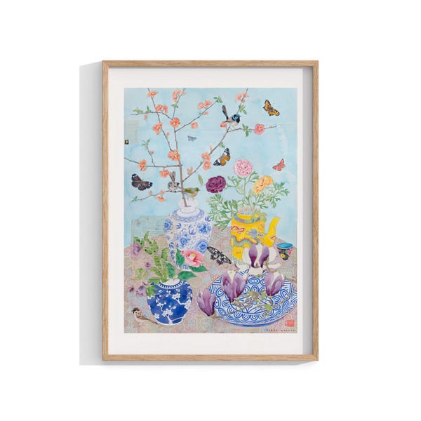 Chinoiserie Watercolour Framed Print,  Painting Wall Art , Flowers Still Life, Plant Wall Decor , Botanical Art, 12x16 18x24 24x32 inch