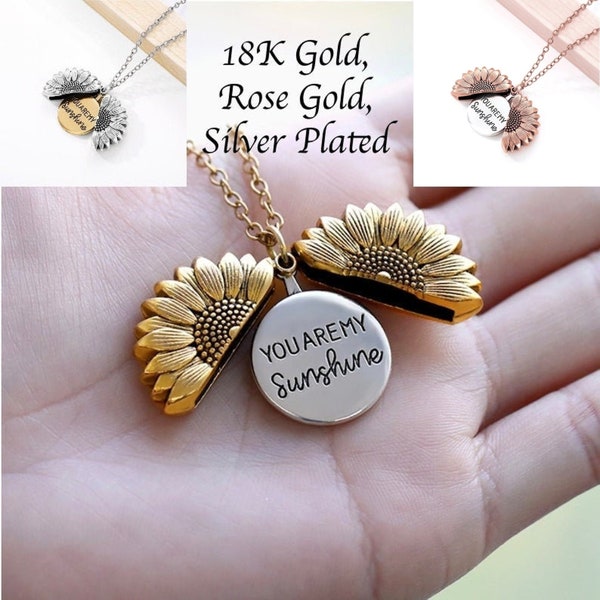 18K You Are My Sunshine Necklace Sunflower Pendant Necklace Sunshine Necklace Sunflower Necklace Flower Necklace Engraved Necklace Gift Mom