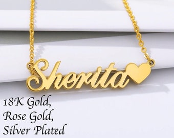 18K Heart Name Necklace / Name Necklace / Cursive Name Plate / Name Plate Necklace / Name Plate / Custom Name Necklace / Custom Necklace