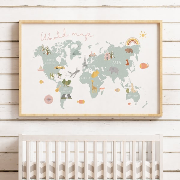 Nursery World Map Wall Art | Kids World Map  | World Map Print | Illustrated World Map | Decoration baby room | Nursery Decor