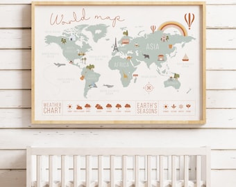 World Map Print for Montessori Nursery — Homeschool Wall Art Educational World Map, World Map for Kids Bedroom Decor, World Map for Toddlers