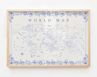 Vintage World Map Poster — Toile World Map Wall Art, Large Printable Map, Toile Travel Decor, Farmhouse World Map Print