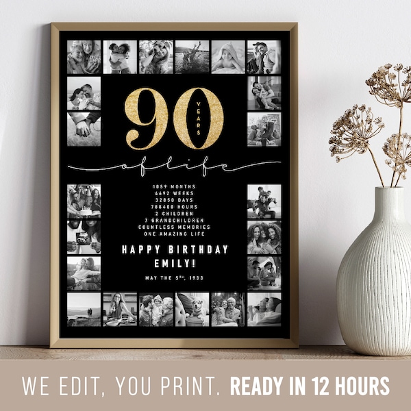 90e anniversaire, cadeaux pour 90e anniversaire de femme, cadeau de 90e anniversaire pour homme, collage photo, poster d'anniversaire personnalisé, idée cadeau pour 90e anniversaire