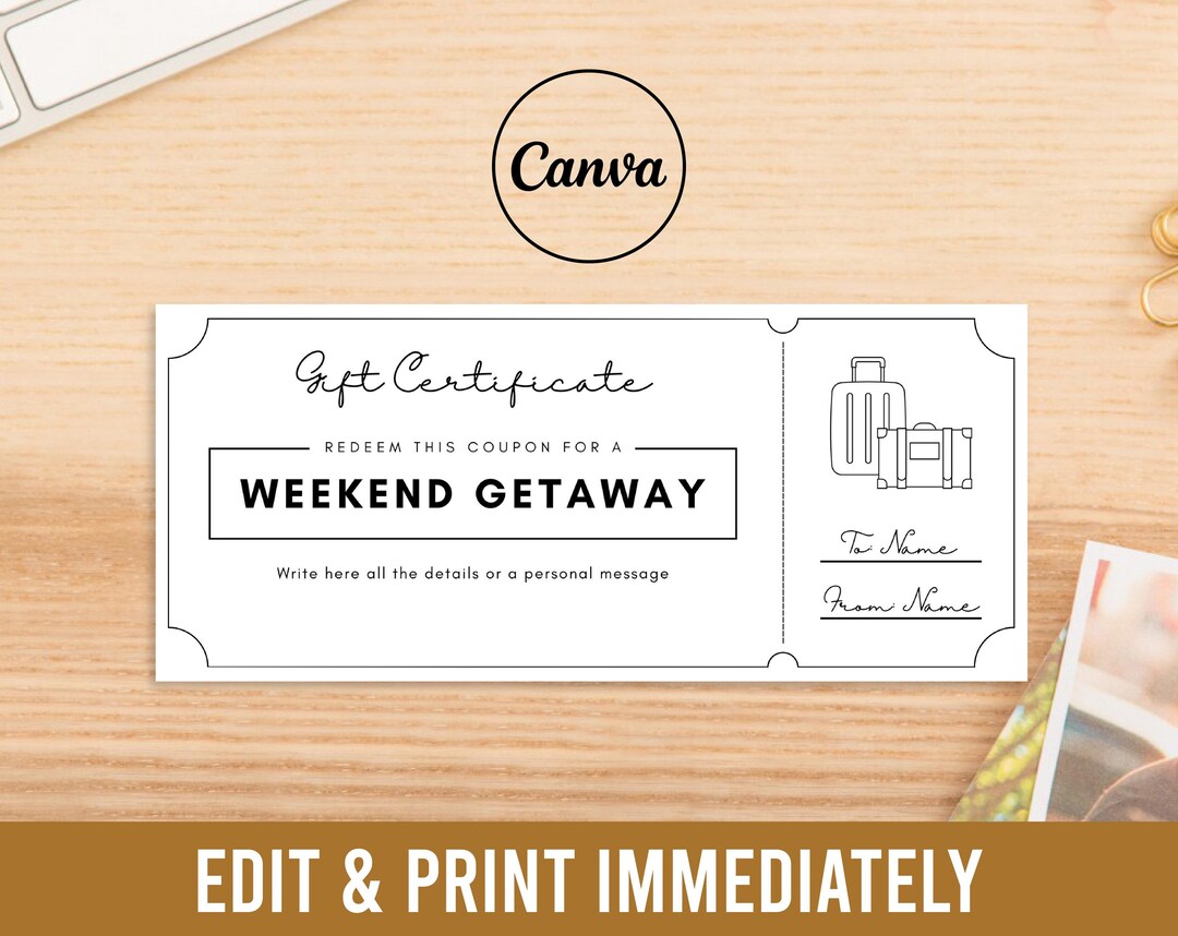 Weekend Getaway Gift Coupon INSTANT DOWNLOAD, Editable Text Printable ...