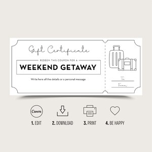 Weekend Getaway Gift Coupon INSTANT DOWNLOAD, Editable Text Printable ...