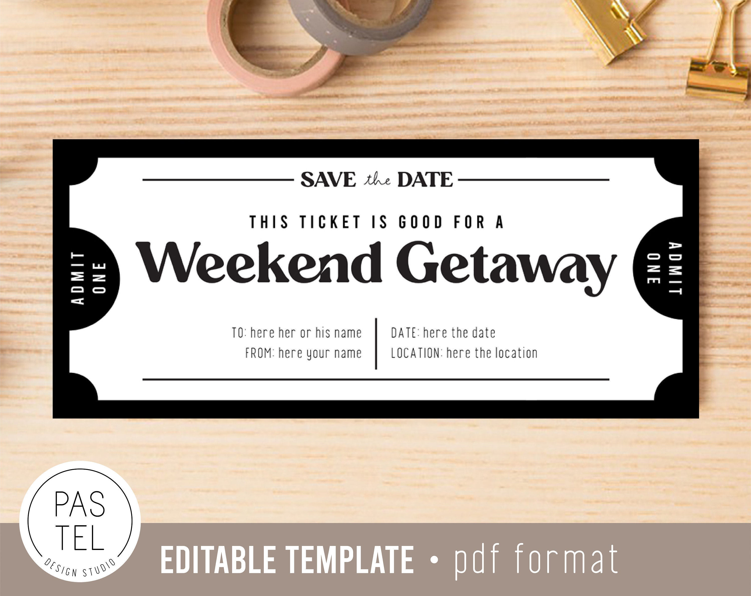 Weekend Away Voucher Template Gift Certificate Ticket Card Printable 