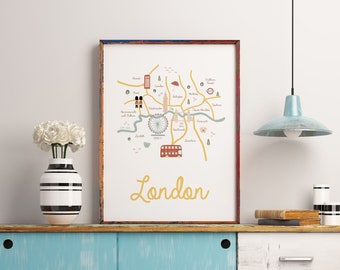 Londen geïllustreerde kaart | Londen afdrukken | Londen kunst aan de muur | Afdrukbare kaart | Geïllustreerde kaart | Londen stad | Londen kaart afdrukken | Londen geschenk