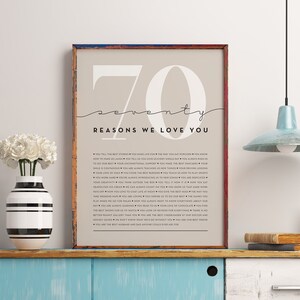 May include: A beige printable poster with the number 70 and the text "seventy reasons we love you" in black. The poster lists 70 reasons why someone is loved, including their love of popcorn, their contagious laughter, and their love of chocolate.