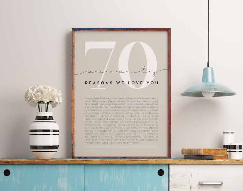 May include: A beige printable poster with the number 70 and the text "seventy reasons we love you" in black. The poster lists 70 reasons why someone is loved, including their love of popcorn, their contagious laughter, and their love of chocolate.