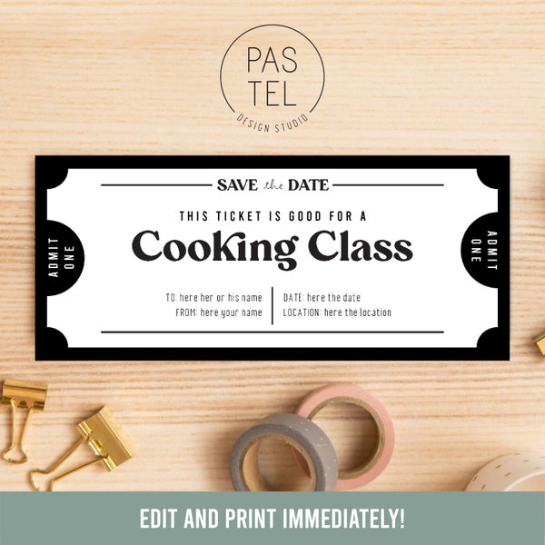 Cooking Class Gift Coupon | INSTANT DOWNLOAD, editable text | Printable Voucher | Last Minute Gift | Personalized Certificate | Gift Voucher