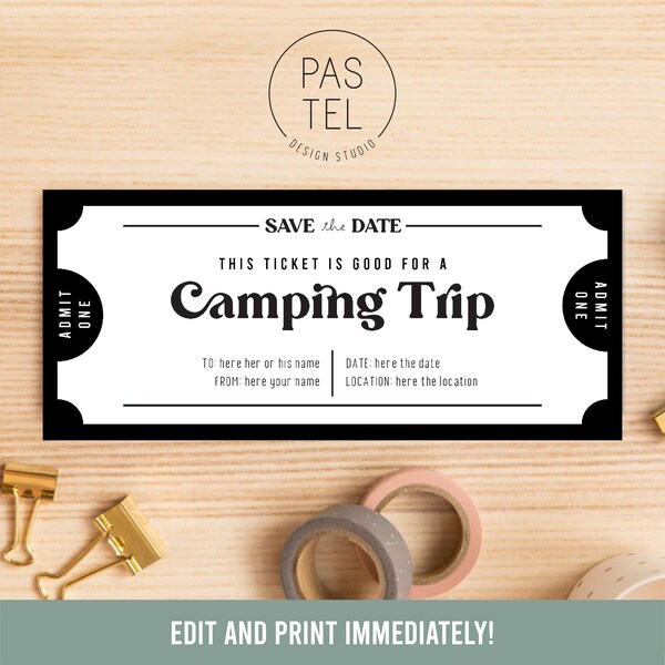 Camping Reise Geschenk Coupon | SOFORTIGER DOWNLOAD, bearbeitbarer Text | Ausdruckbarer Gutschein | Last Minute Geschenk | Personalisiertes Zertifikat | Geschenkgutschein