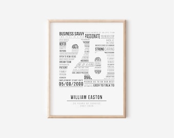 25 Year Work Anniversary Gift | 25th Employee Service Award, Employment History Word Cloud Print, Workiversary, Employee Appreciation Gift