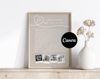 Modello completamente modificabile / 70 motivi per cui ti amiamo / Collage fotografico / 70° anniversario della mamma / 70 cose sul compleanno di papà / Modello Canva