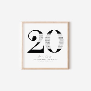 20 Year Work Anniversary Gift — 20th Employee Service Award, Employment History Word Cloud Print, Workiversary, Employee Appreciation Gift