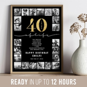 Cadeau de 40e anniversaire pour femme Cadeau de 40e anniversaire pour homme Collage photo Poster d'anniversaire personnalisé Idée cadeau de dernière minute pour un anniversaire