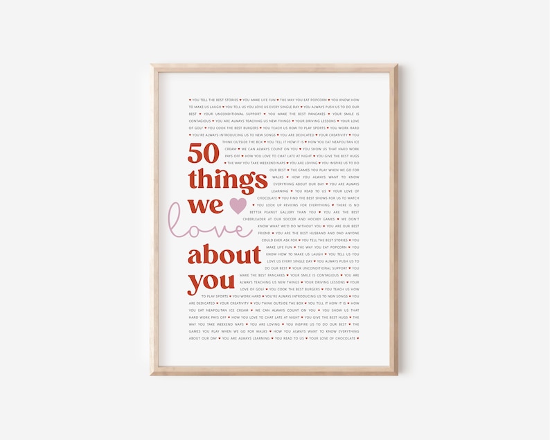 50th Birthday Gift Retirement Present Anniversary Gift 50 Reasons We Love You Typography Print Family Keepsake Wall Art Personalized Home Decor Sentimental Gift Modern Neutral Design