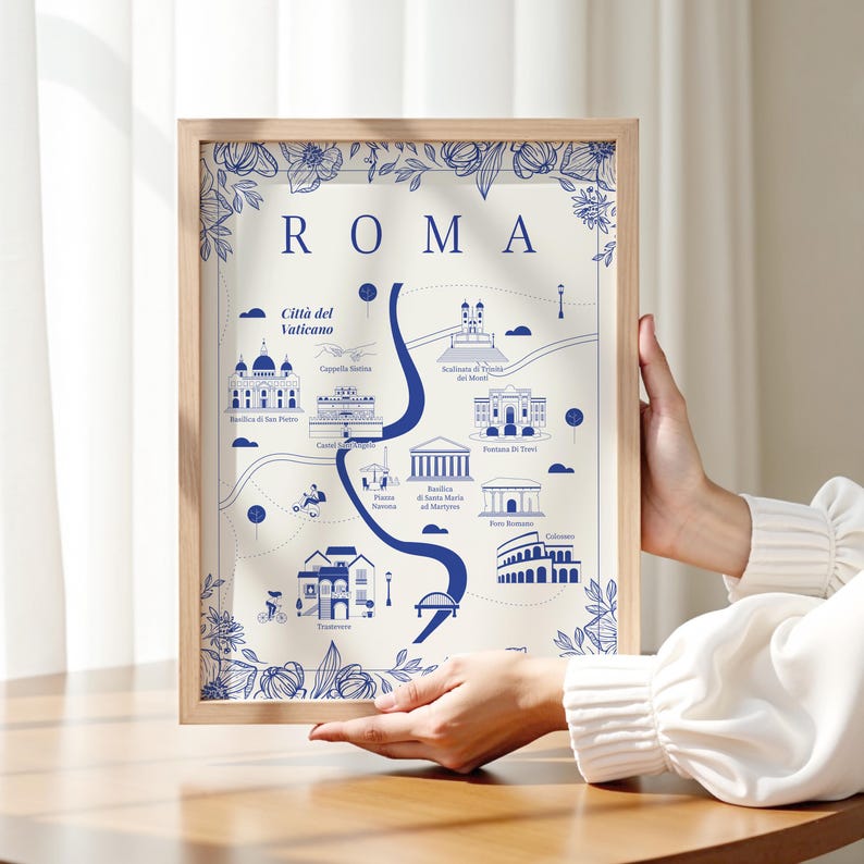 French Country Illustrated Map of Rome – Toile Style, Rome Wall Art ...