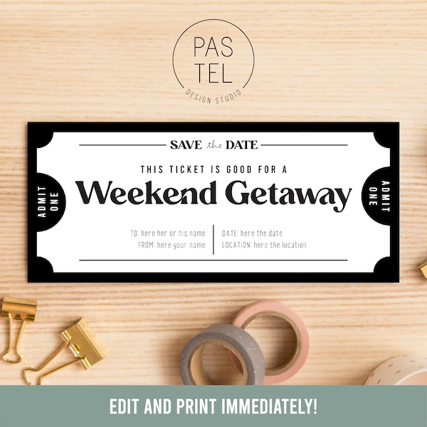 Weekend Getaway Gift Coupon | INSTANT DOWNLOAD, editable text | Printable Voucher | Last Minute Gift | Personalized Certificate