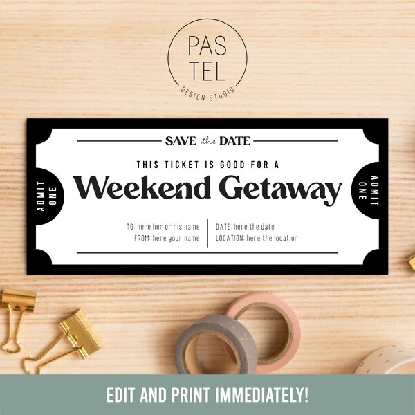 Weekend Getaway Gift Coupon | INSTANT DOWNLOAD, editable text | Printable Voucher | Last Minute Gift | Personalized Certificate