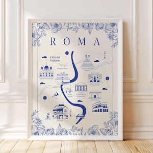 Illustrierte Karte von Rom – Toile Style, Rom Wand Kunst Druck oder Leinwand, Italien Stadt Karte Poster, digitaler Download oder Geschenk für Italien Liebhaber