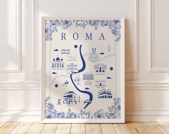 Illustrated Map of Rome – Toile Style, Rome Wall Art Print or Canvas, Italy City Map Poster, Digital Download or Gift for Italy Lovers
