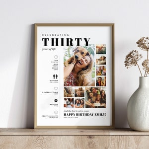 30th Birthday Gift 30th Party Decoration Personalized Photo Collage Custom Picture Collage Milestone Birthday Poster Gift for Woman 30th