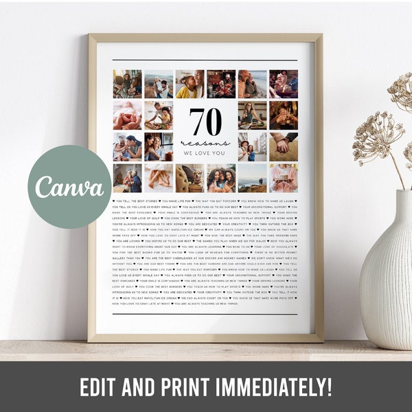 Fully Editable Template | 70 Reasons We Love You Photo Collage | Mom's 70th Anniversary | 70 Things About Dad Birthday | Canva Template