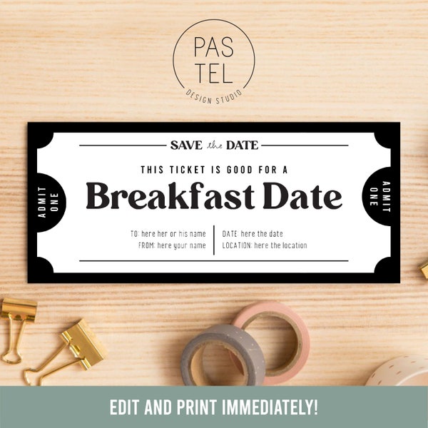 Breakfast Date Gift Coupon | INSTANT DOWNLOAD editable text | Printable Voucher | Last Minute Gift | Personalized Certificate | Gift Voucher