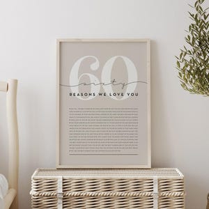 60th Birthday Gift Retirement Present Anniversary Gift 60 Reasons We Love You Typography Print Family Keepsake Wall Art Personalized Home Decor Sentimental Gift Modern Neutral Design
