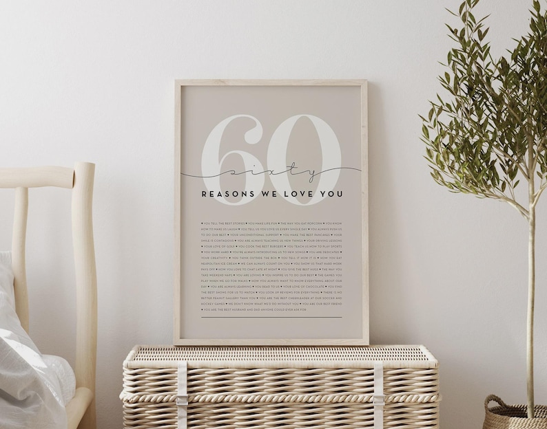 60th Birthday Gift Retirement Present Anniversary Gift 60 Reasons We Love You Typography Print Family Keepsake Wall Art Personalized Home Decor Sentimental Gift Modern Neutral Design