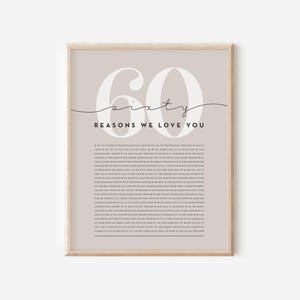 60th Birthday Gift Retirement Present Anniversary Gift 60 Reasons We Love You Typography Print Family Keepsake Wall Art Personalized Home Decor Sentimental Gift Modern Neutral Design