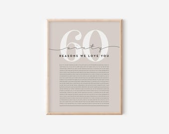 60th Birthday Gift 60 Reasons We Love You Print Sentimental Wall Art Anniversary Present Home Decor Family Keepsake Personalized Gift