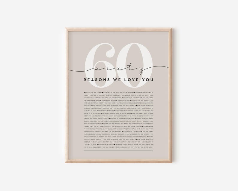 60th Birthday Gift Retirement Present Anniversary Gift 60 Reasons We Love You Typography Print Family Keepsake Wall Art Personalized Home Decor Sentimental Gift Modern Neutral Design