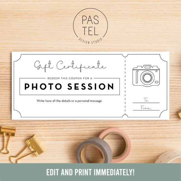 Photo Session Gift Coupon | INSTANT DOWNLOAD, editable text | Printable Voucher | Last Minute Gift | Personalized Certificate | Gift Voucher