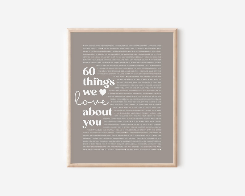 Ready to Hang 60th Birthday Gift 60 Reasons We Love You Custom Print Personalised Gift Idea 60th Birthday Poster or Canvas Gift for Woman
