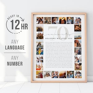 70 motivi per cui ti amiamo - Collage fotografico personalizzato per il 70° compleanno, download digitale o ricordo stampato per lui o per lei