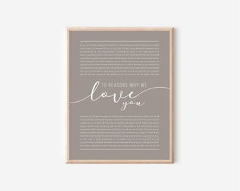 Custom 70 Things We Love About You Digital Print Birthday Gift for Women Birthday Gift for Men 70 Reasons We Love You Print or Canvas