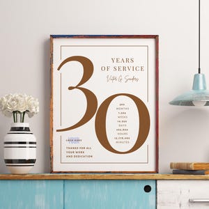 May include: A brown and white printable poster with the text "Years of Service" and the number "30" in a large brown font. The poster also includes the text "Victor G. Sanders" and a list of time units, including months, weeks, days, hours, and minutes.