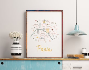 Paris Illustrated Map | Paris Print | Eiffel tower | Paris City | Paris | Travel | Paris Wall Art | France Illustrated Map | Paris Gift