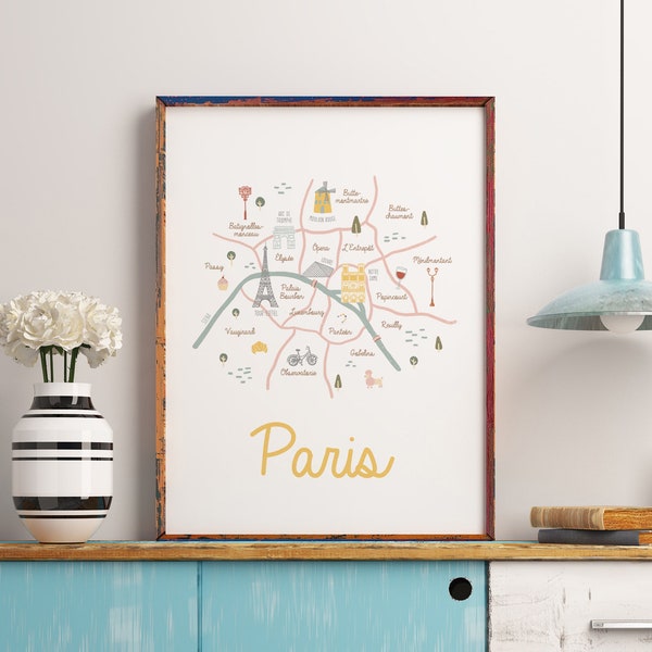 Paris Illustrated Map | Paris Print | Eiffel tower | Paris City | Paris | Travel | Paris Wall Art | France Illustrated Map | Paris Gift