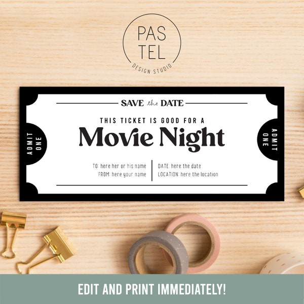 Movie Night Gift Coupon | INSTANT DOWNLOAD, editable text | Printable Voucher | Last Minute Gift | Personalized Certificate | Gift Voucher