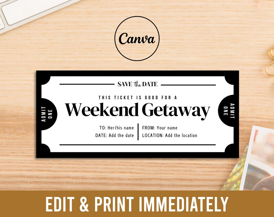 Weekend Getaway Gift Coupon INSTANT DOWNLOAD, Editable Text Printable ...