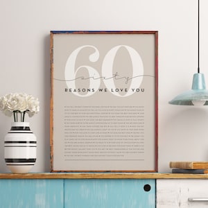 May include: A printable poster with a beige background and a white number 60 with the word "sixty" written underneath. The poster has the text "60 Reasons We Love You" in black text. The poster is framed in a brown frame and is sitting on a blue shelf.