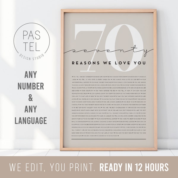 70 Reasons We Love You | 70th Birthday Gift | Custom Gift | 70th Birthday Gifts For Women | 70th Birthday Gifts For Men | Printable Gift