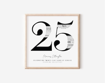 25 Year Work Anniversary Gift — 25th Employee Service Award, Employment History Word Cloud Print, Workiversary, Employee Appreciation Gift