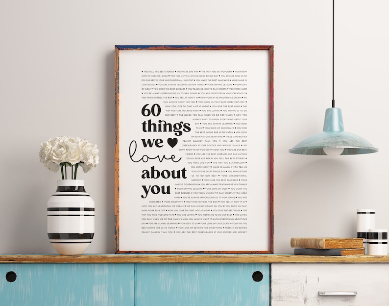 May include: A black and white printable poster with the text "60 things we love about you" in a heart-shaped design. The poster lists 60 reasons why someone is loved.